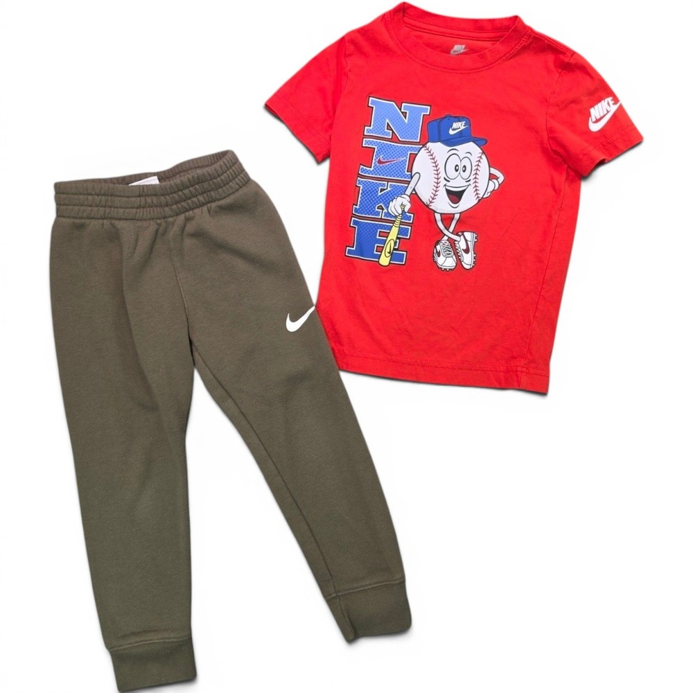 Nike Boys 4 XS Baseball Graphic Tee Olive Fleece Joggers 2 Piece Set